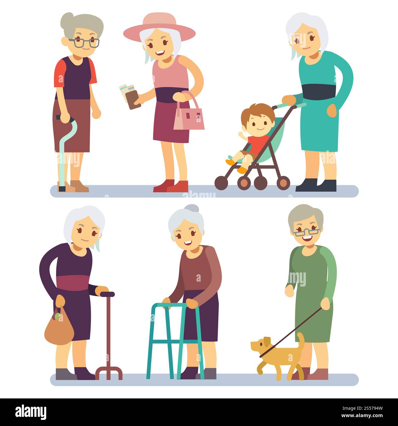 Set di personaggi dei cartoni animati delle vecchie donne. Signore anziane in situazioni diverse. Donna anziana, personaggio con passeggiata con il cane, varie illustrazioni della nonna pensionata. Set di personaggi dei cartoni animati delle vecchie donne. Signore anziane in situazioni diverse Illustrazione Vettoriale