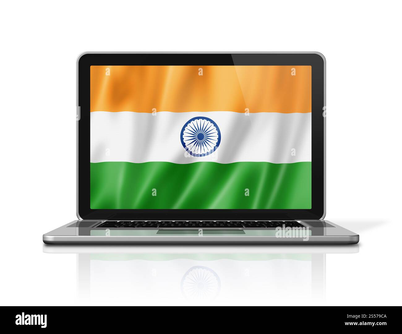 Bandiera India sullo schermo del notebook isolata su bianco. Rendering illustrazione 3D. Bandiera indiana sullo schermo del laptop isolata su bianco. Illustrazione 3D. Foto Stock