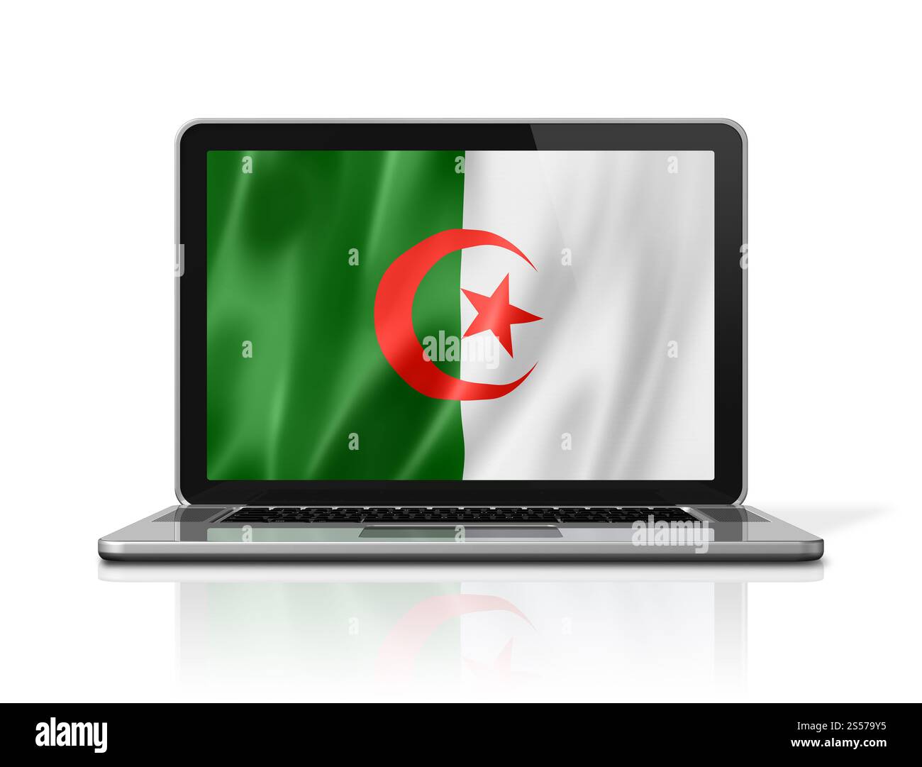 Bandiera Algeria sullo schermo del laptop isolata su bianco. Rendering illustrazione 3D. Bandiera algerina sullo schermo del laptop isolata su bianco. Illustrazione 3D. Foto Stock