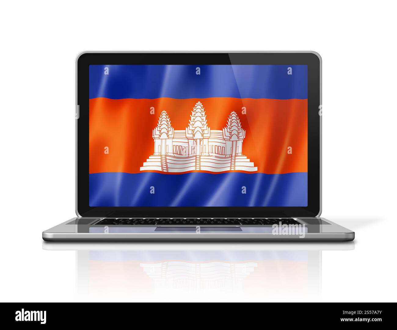 Bandiera cambogiana sullo schermo del laptop isolata su bianco. Rendering illustrazione 3D. Bandiera cambogiana sullo schermo del portatile isolata su bianco. Illustrazione 3D. Foto Stock