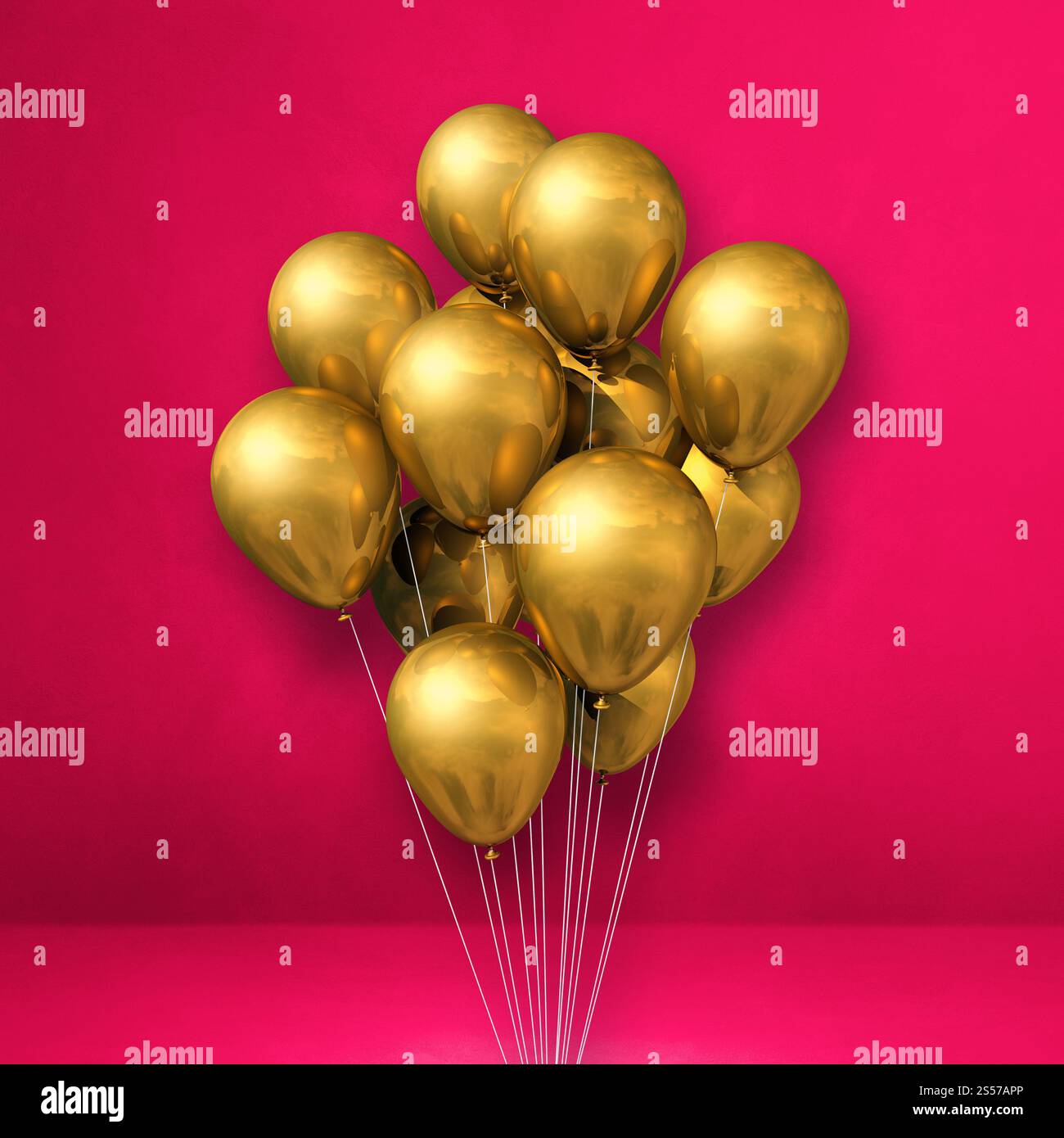 I palloncini dorati si accumulano su uno sfondo rosa. Rendering illustrazione 3D. I palloncini dorati si accumulano su uno sfondo rosa Foto Stock