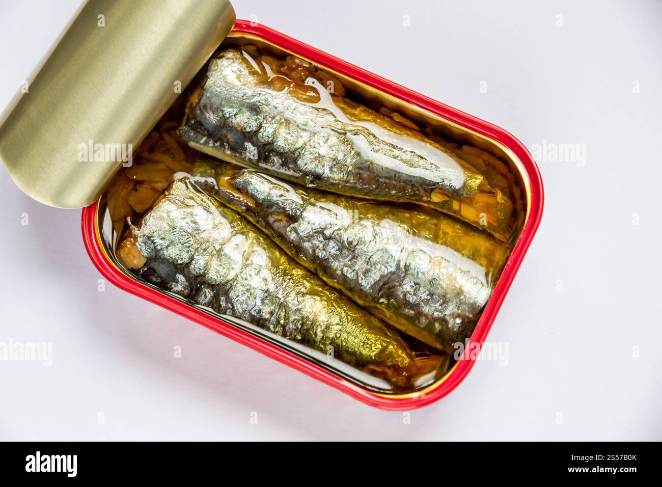 Barattolo di sardine in olio isolato su fondo bianco. Barattolo di sardine in olio su fondo bianco Foto Stock