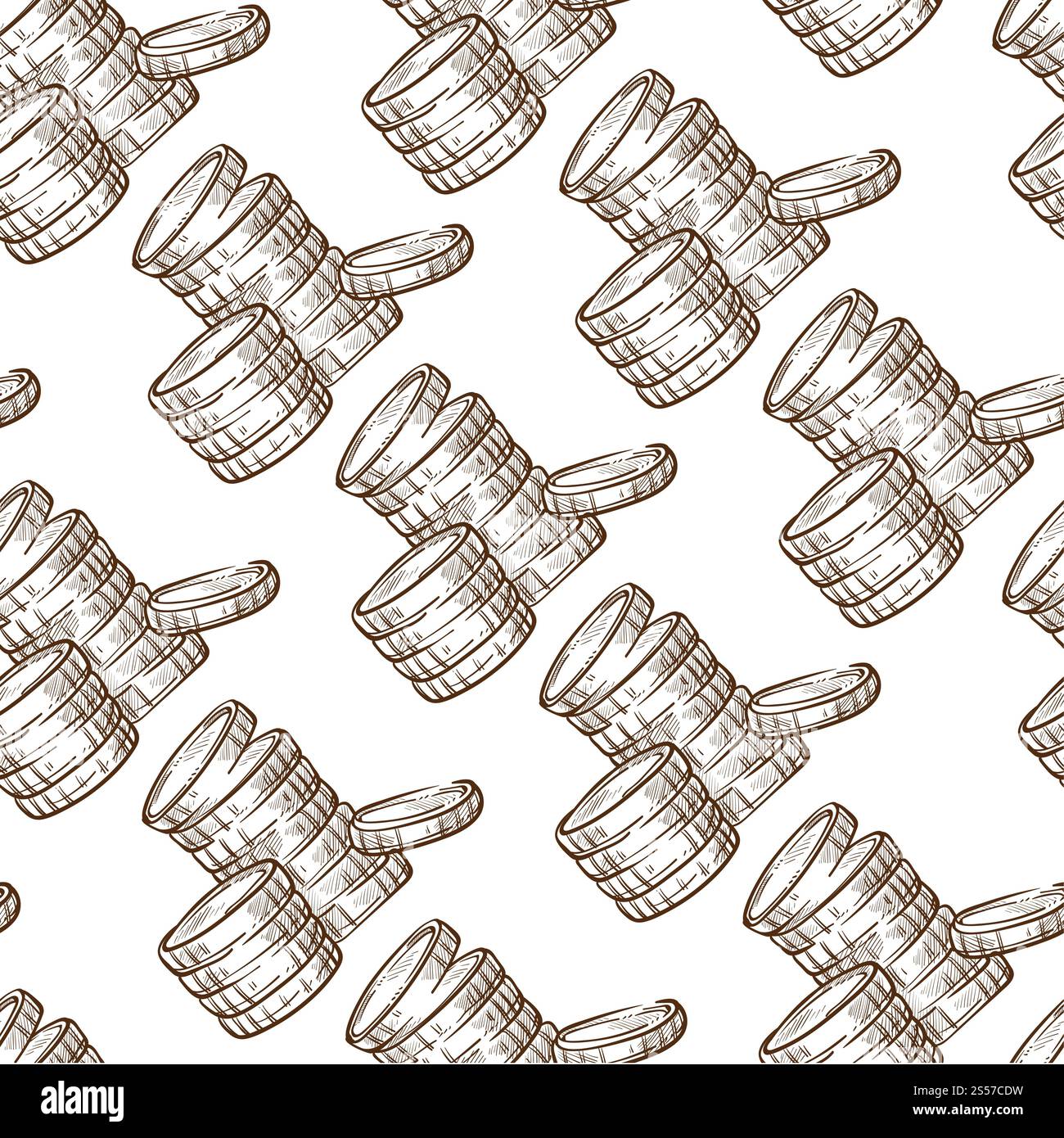 Investimento di denaro o risparmio di monete in pile, modello senza soluzione di continuità. Pagamento o economia, tesoro in banca. Finanza e attività finanziarie, sistema monetario in contanti. Foto Stock