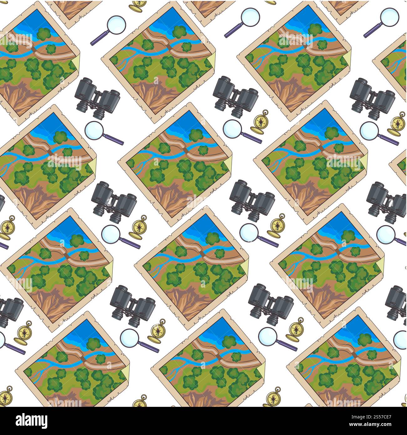 Viaggia e cerca oggetti con lente d'ingrandimento, binocolo, bussola antica e mappa. Viaggio o avventura senza interruzioni, viaggio all'aperto. Foto Stock