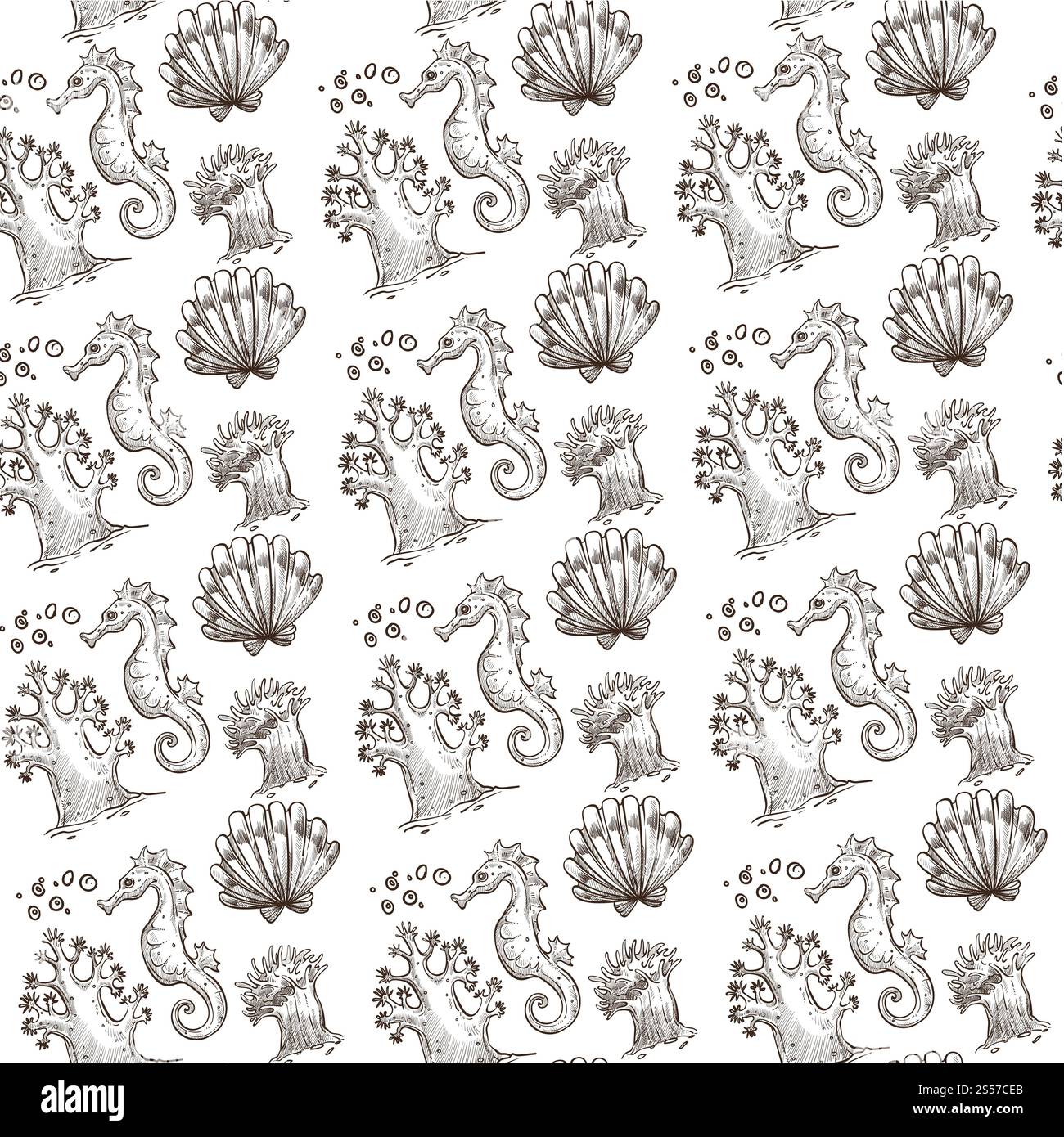 Flora e fauna subacquee, alghe e cavallucci marini con motivo senza guscio. Animali e botanica del mare o dell'oceano. Decorazioni per acquari o animali selvatici. Foto Stock