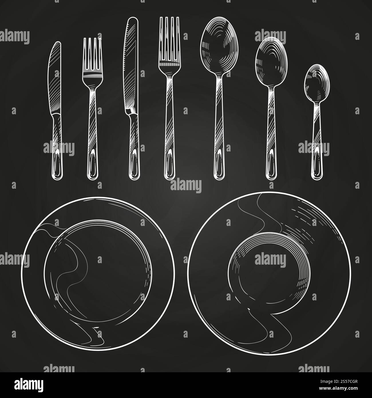 Coltello, forchetta, cucchiaio e piatti vintage in stile incisione. Posate per disegnare a mano isolate sulla lavagna. Illustrazione vettoriale. Coltello, forchetta, cucchiaio e piatti vintage in stile incisione. Posate per disegnare a mano sulla lavagna Illustrazione Vettoriale