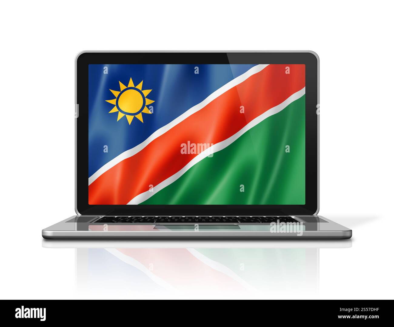 Bandiera della Namibia sullo schermo del notebook isolata in bianco. Rendering illustrazione 3D. Bandiera namibiana sullo schermo del laptop isolata su bianco. Illustrazione 3D. Foto Stock