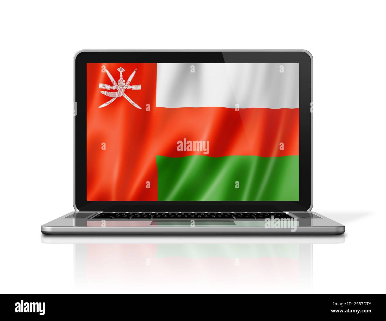 Flag Oman sullo schermo del notebook isolato in bianco. Rendering illustrazione 3D. Flag Oman sullo schermo del notebook isolato in bianco. Illustrazione 3D. Foto Stock