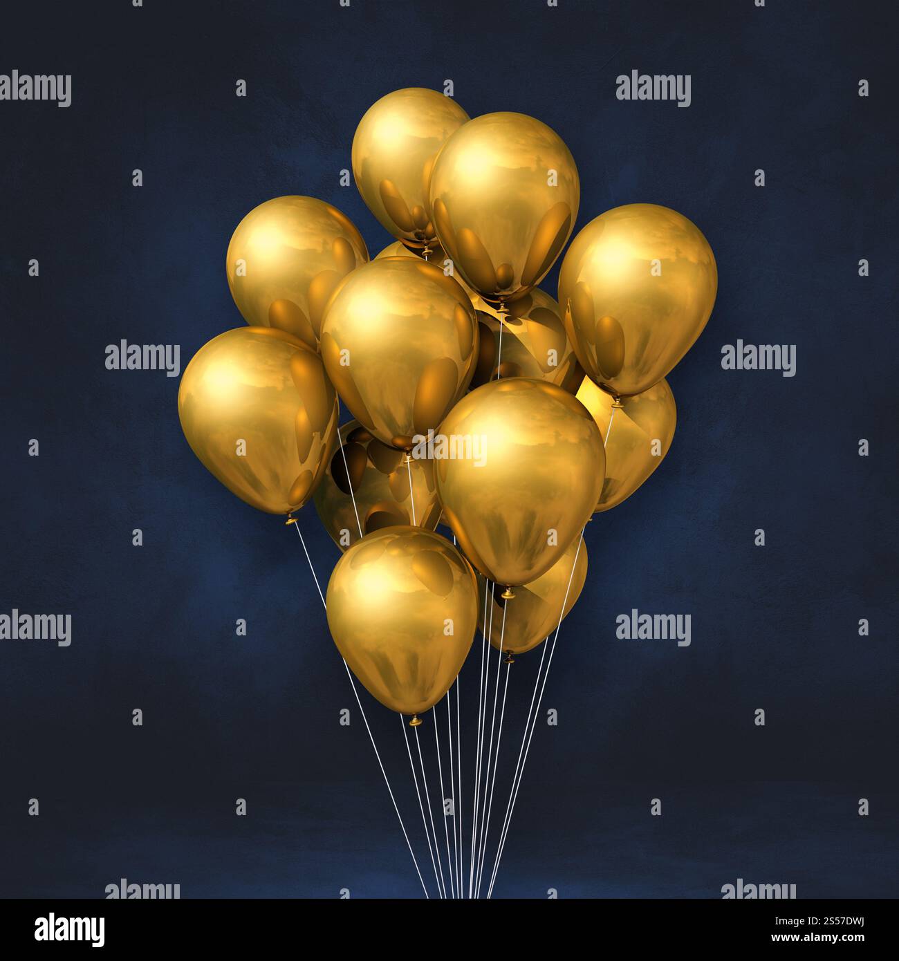 I palloncini dorati si accumulano su uno sfondo nero. Rendering illustrazione 3D. I palloncini dorati si accumulano su uno sfondo nero Foto Stock