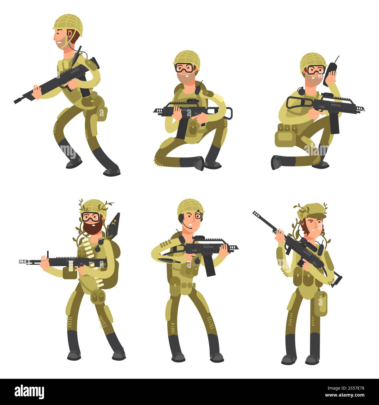 Soldati dei cartoni animati dell'esercito in uniforme isolati su sfondo bianco. Illustrazione del vettore di concetto militare. Soldati uomini cartoni animati dell'esercito in uniforme. Illustrazione del vettore di concetto militare Illustrazione Vettoriale