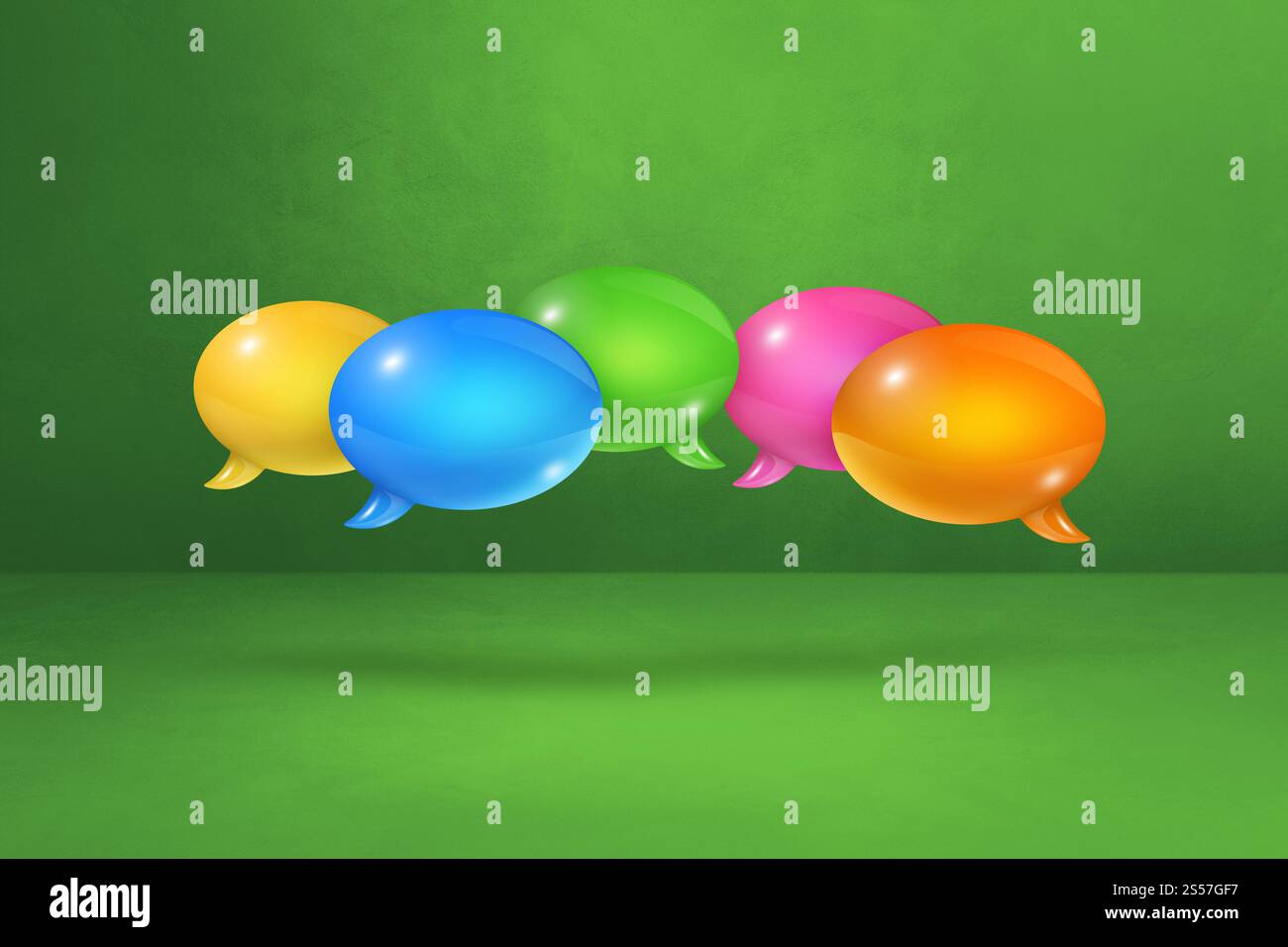 Bolle di riconoscimento vocale multicolore 3D isolate su sfondo verde. bolle multicolore su sfondo verde Foto Stock