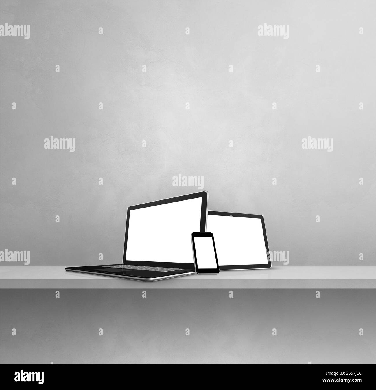 Laptop, telefono cellulare e tablet pc digitale su mensola grigia a parete. Sfondo quadrato. Illustrazione 3D. Laptop, telefono cellulare e tablet pc digitale in grigio Foto Stock