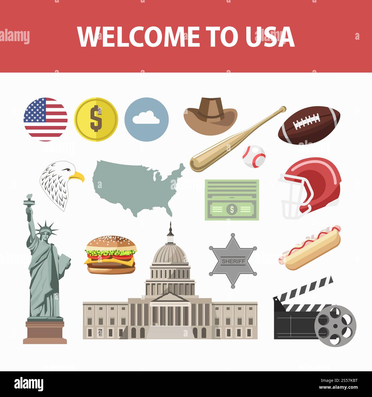 Poster di viaggio dei famosi monumenti e delle attrazioni turistiche dell'America. Statua della libertà vettoriale di New York, bandiera americana sul Campidoglio o cinema di Hollywood, set di icone piatte da rugby o baseball. Poster di viaggio dei famosi monumenti e delle attrazioni turistiche dell'America. Illustrazione Vettoriale