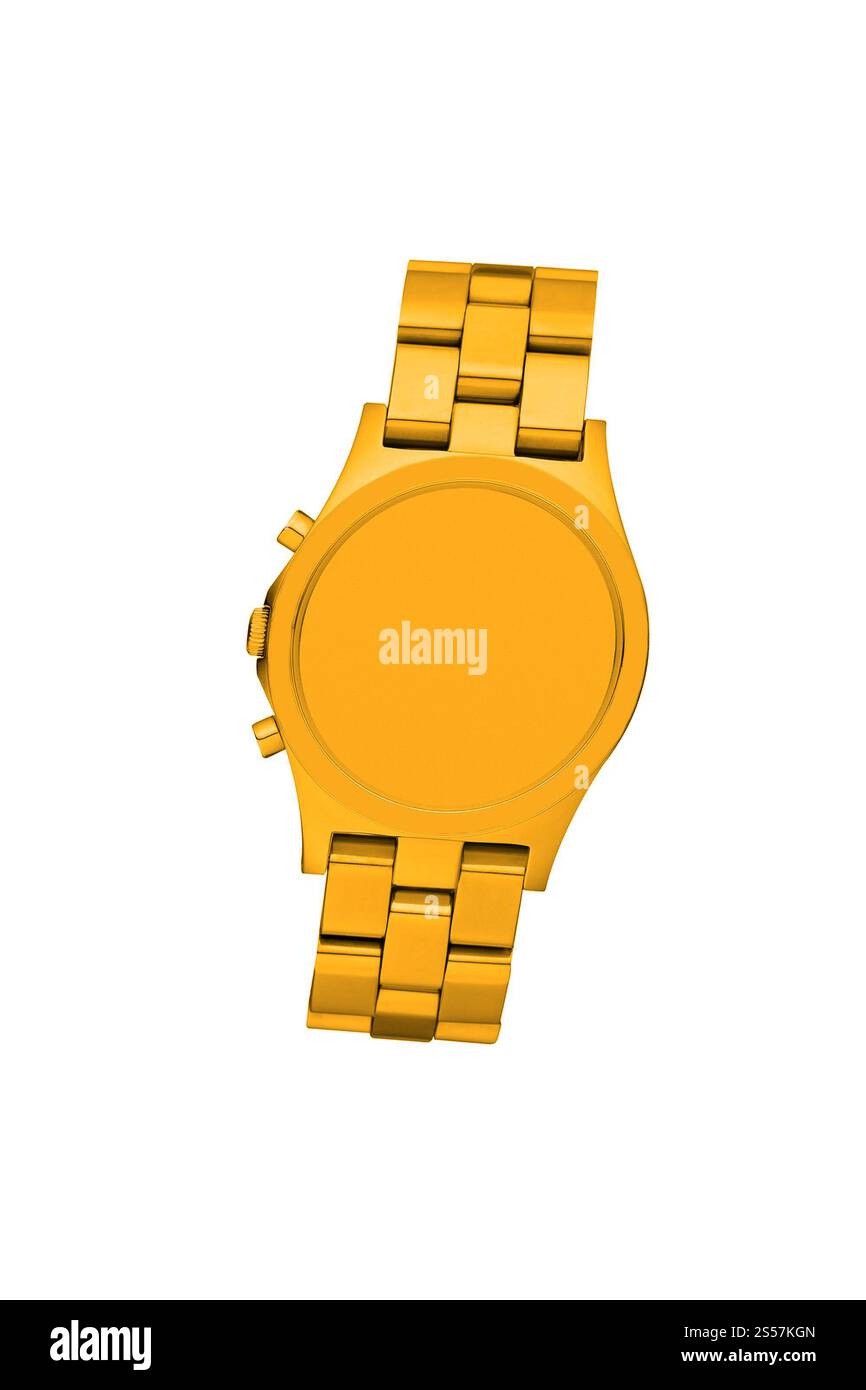 Orologio dorato isolato su sfondo bianco. Orologio d'oro isolato sul bianco Foto Stock