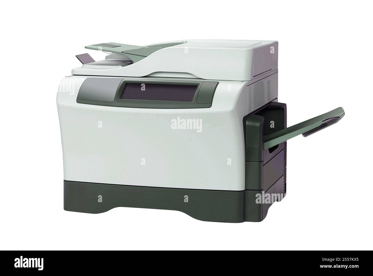 Stampante e carta isolata su bianco. Stampante e carta Foto Stock