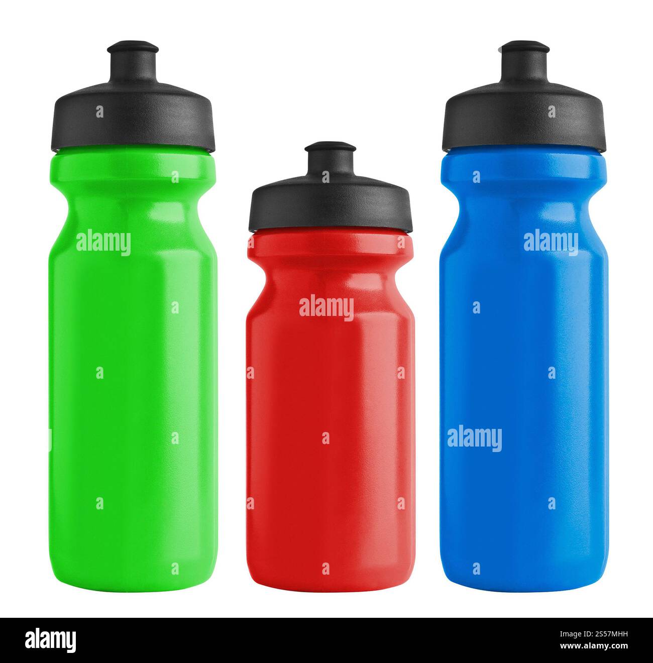 Set di bottiglie di plastica per biciclette vuote per l'isolamento dell'acqua su sfondo bianco. Set di bottiglie di plastica per biciclette vuote per acqua Foto Stock