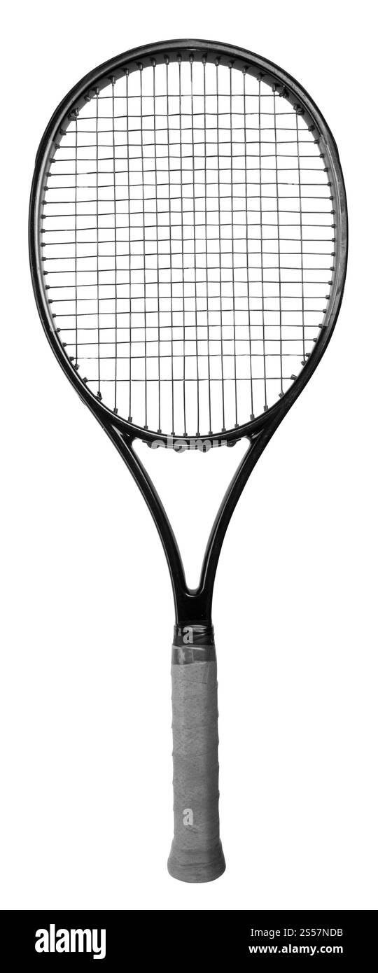 Primo piano di una racchetta da tennis isolata su sfondo bianco. Primo piano di una racchetta da tennis Foto Stock
