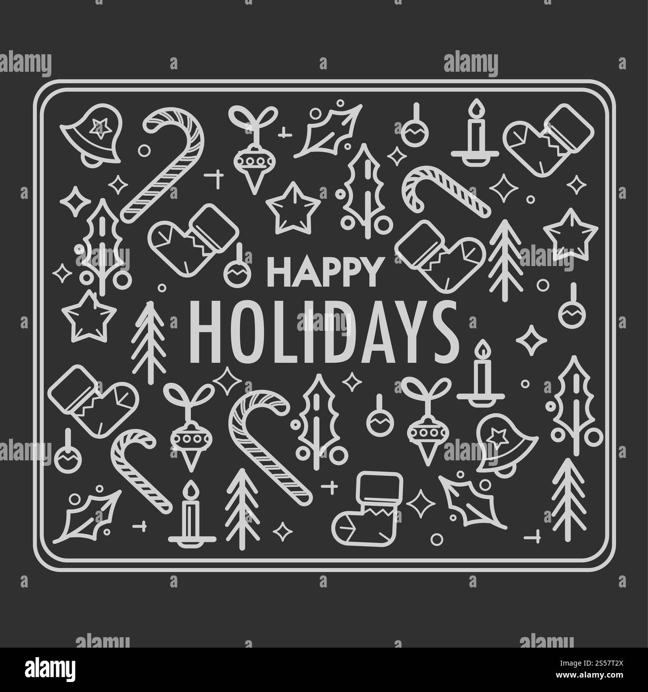 Buona festa di Natale, schizzo di simboli vettoriali. Caramelle, biscotti al pan di zenzero e pasticcini fatti in casa. Calza con regali, immagini di candele e abeti, fiocchi di neve e foglie di piante di vischio. Buona festa di Natale, schizzo di simboli vettoriali Illustrazione Vettoriale