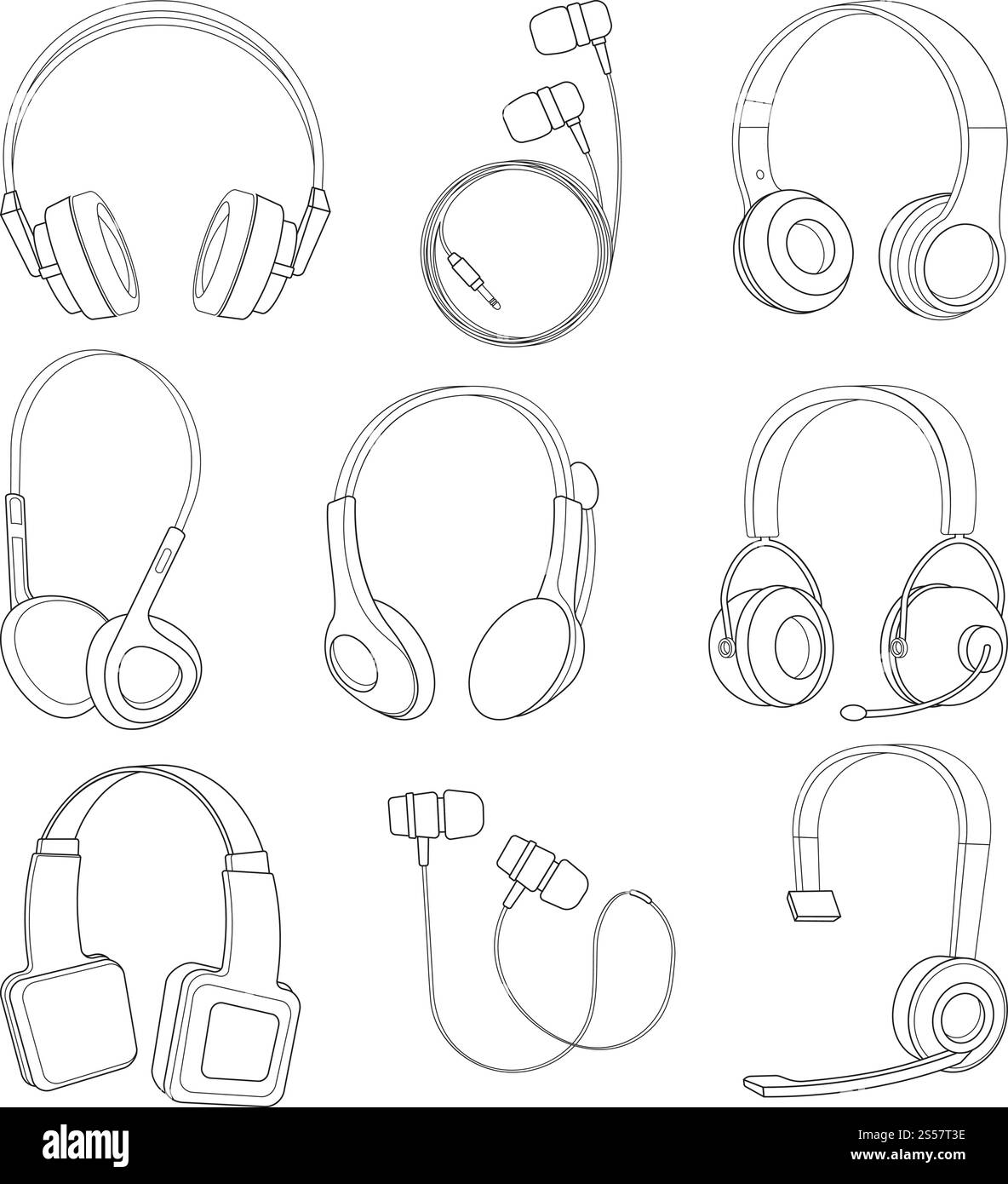 Set di cuffie Vector mono line. Disegno del dispositivo audio con illustrazione del microfono. Set di cuffie Vector mono line Illustrazione Vettoriale