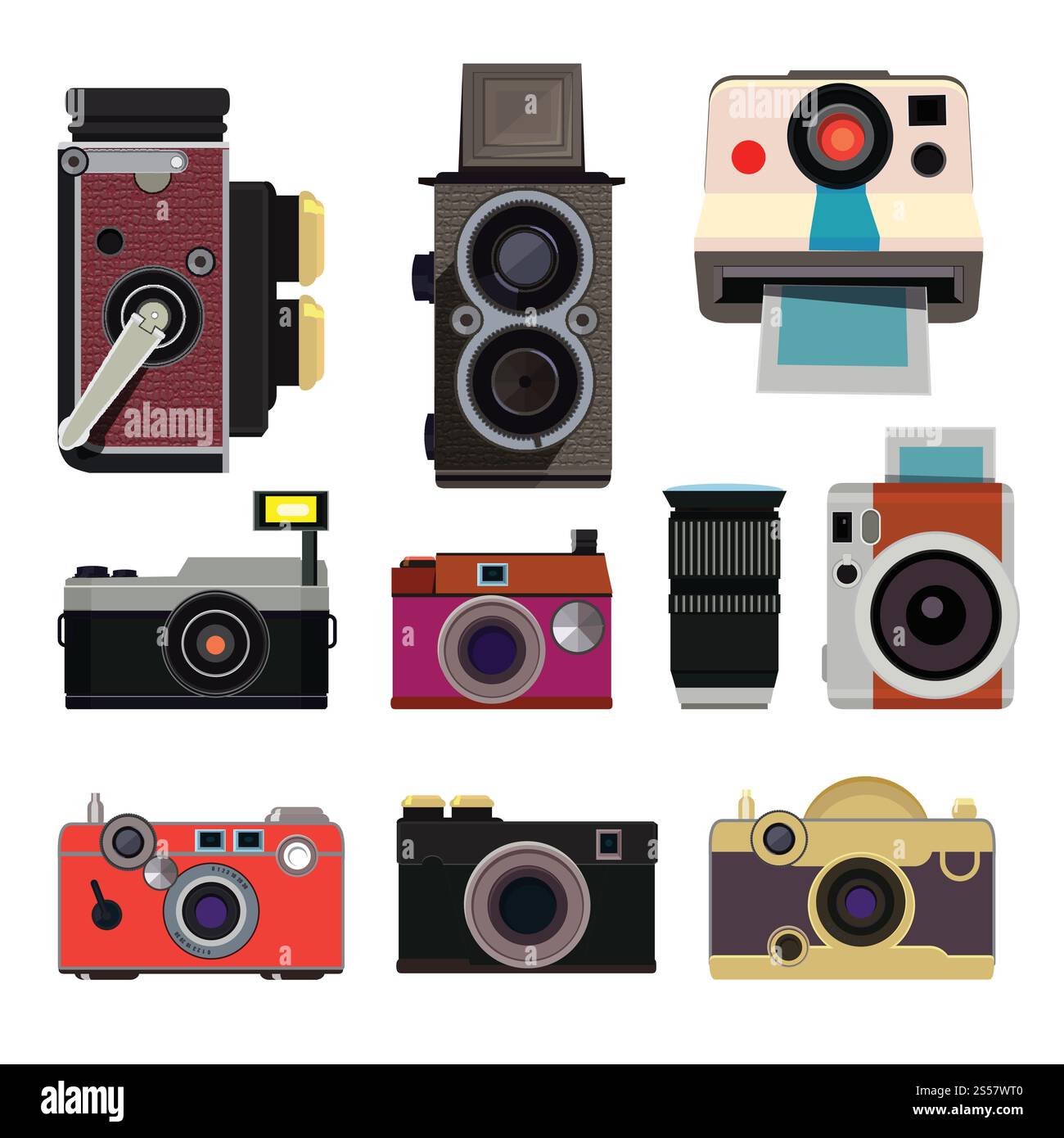 Fotocamere retrò. Le illustrazioni in stile cartoni animati isolano. Raccolta di attrezzature per fotocamere, dispositivi vettoriali professionali per la fotografia. Fotocamere retrò. Le illustrazioni in stile cartoni animati isolano Illustrazione Vettoriale