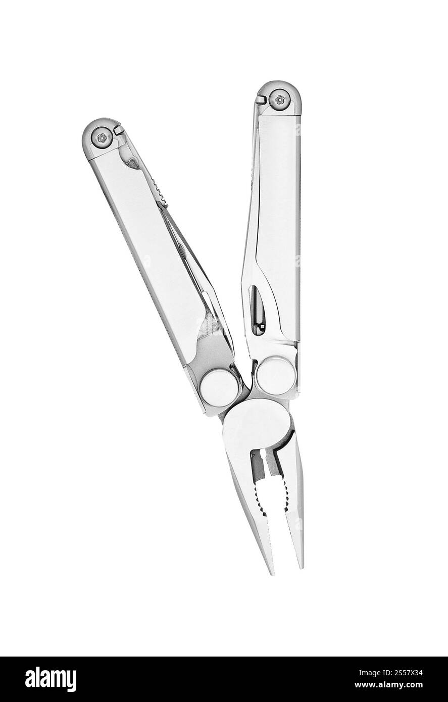 Steel multitool su sfondo bianco Foto Stock