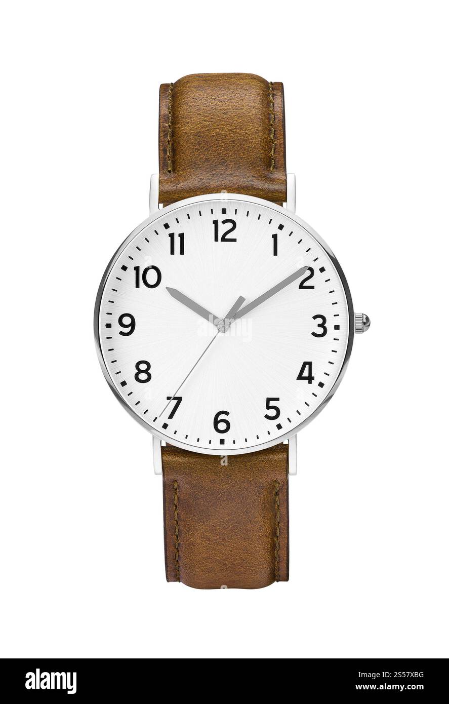 orologio in pelle costoso e moderno isolato Foto Stock