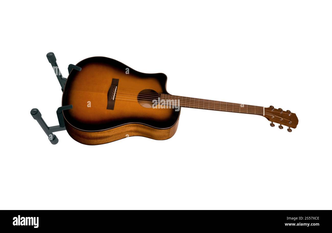 Supporto per chitarra acustica su sfondo bianco Foto Stock
