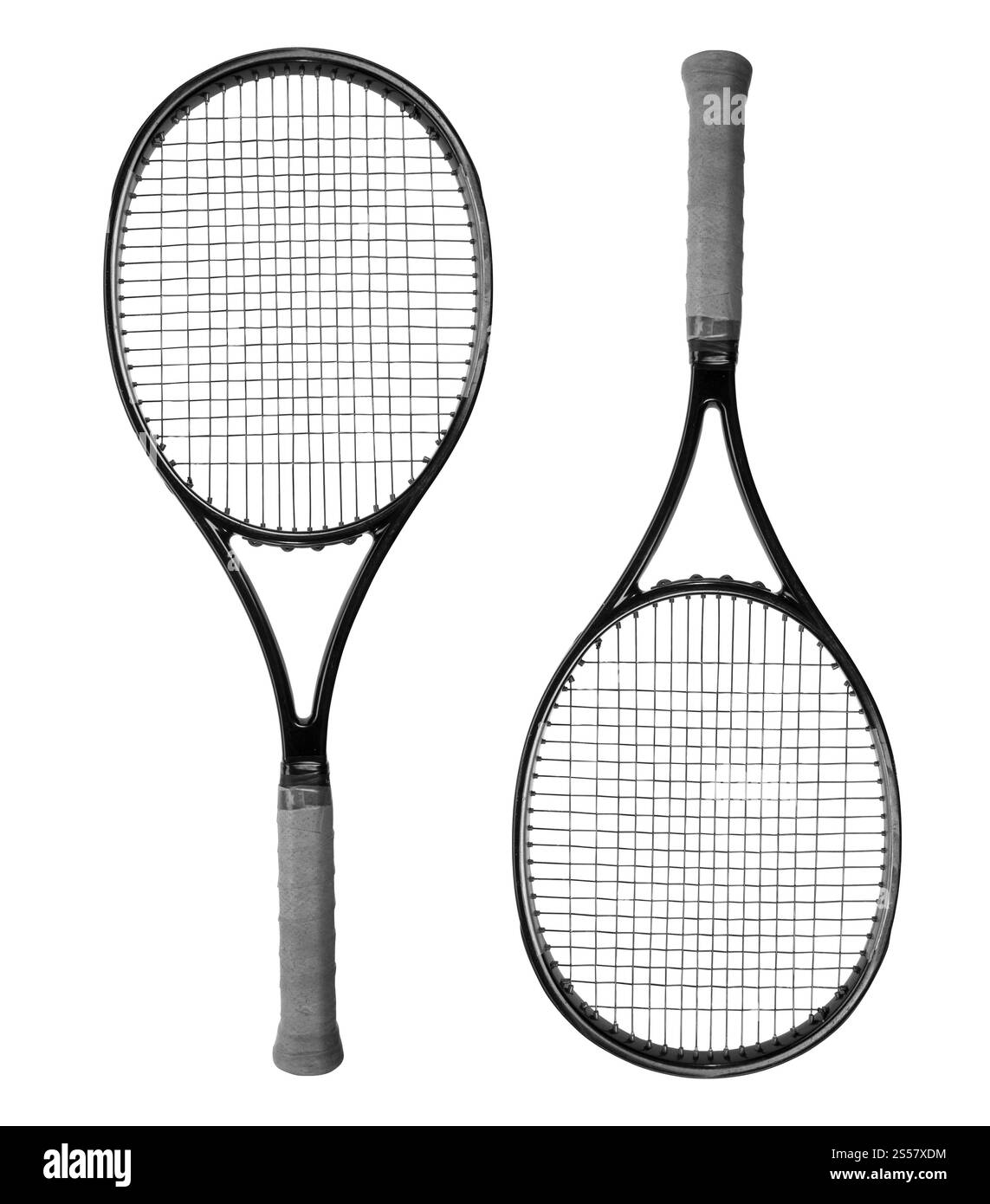 Primo piano di una racchetta da tennis isolata su sfondo bianco Foto Stock