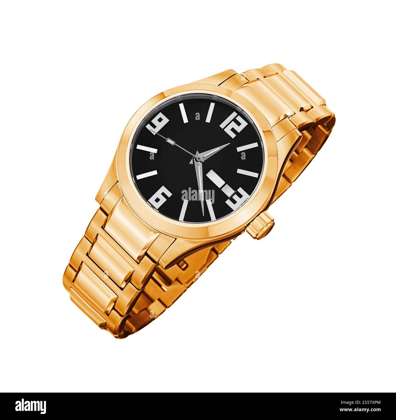 orologio dorato isolato su sfondo bianco Foto Stock