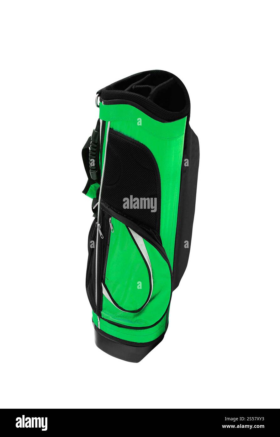 mazze da golf e borsa su sfondo bianco Foto Stock