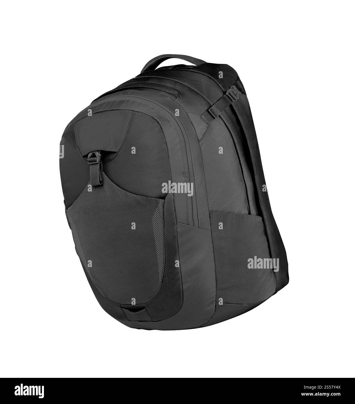 Zaino nero isolato in uno sfondo bianco Foto Stock
