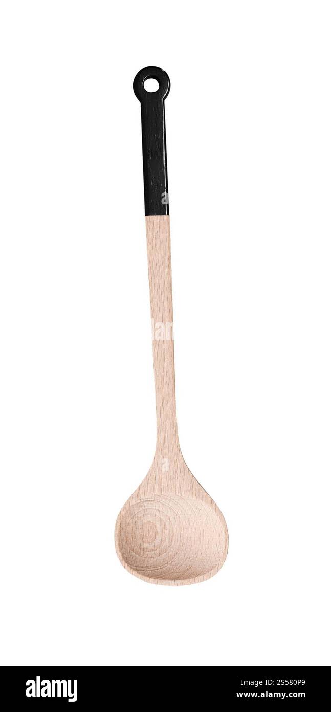 Cucchiaio di legno su sfondo bianco Foto Stock