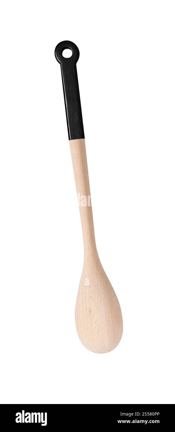 Cucchiaio di legno isolato su bianco Foto Stock