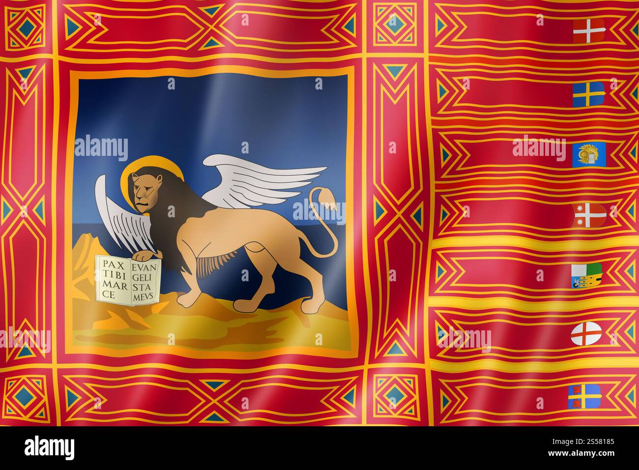 Bandiera della regione Veneto, collezione di striscioni ondulati in Italia. Illustrazione 3D. Bandiera della regione Veneto, Italia Foto Stock