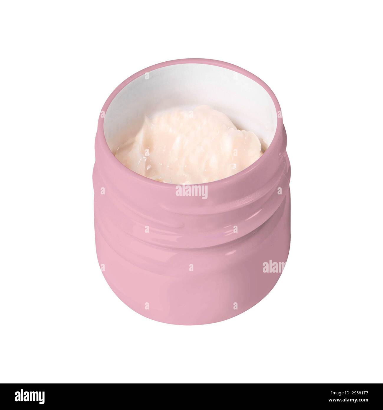 Contenitore di plastica aperto con crema su sfondo bianco. Contenitore di plastica aperto con crema Foto Stock
