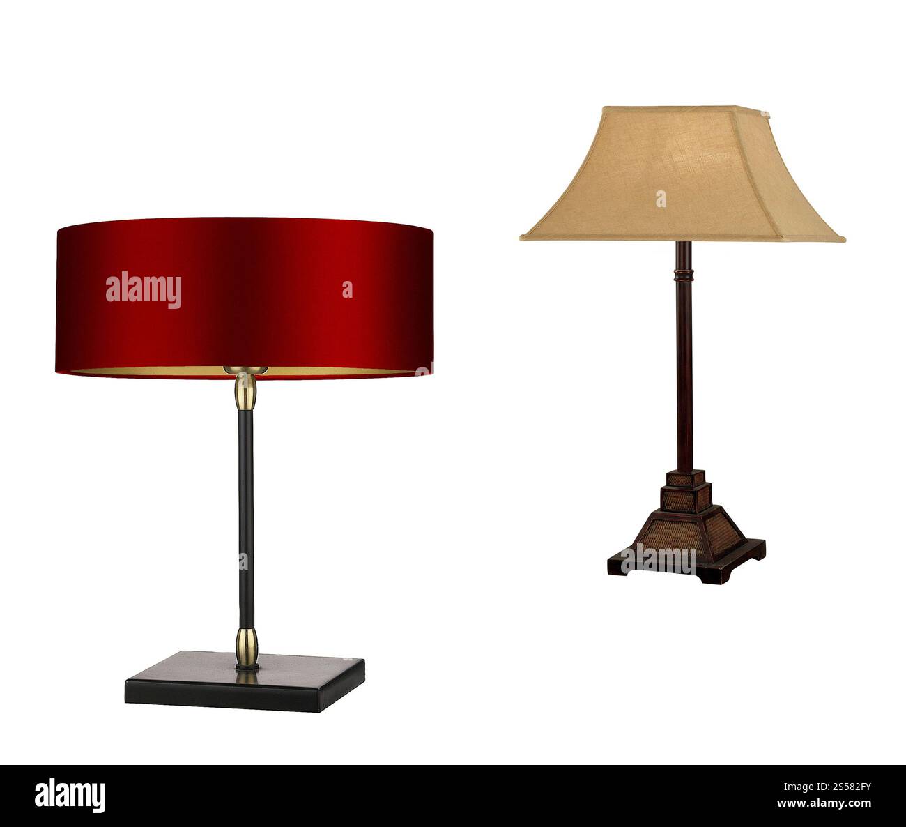 Lampade moderne e d'epoca isolate su sfondo bianco. Lampade moderne e d'epoca isolate Foto Stock