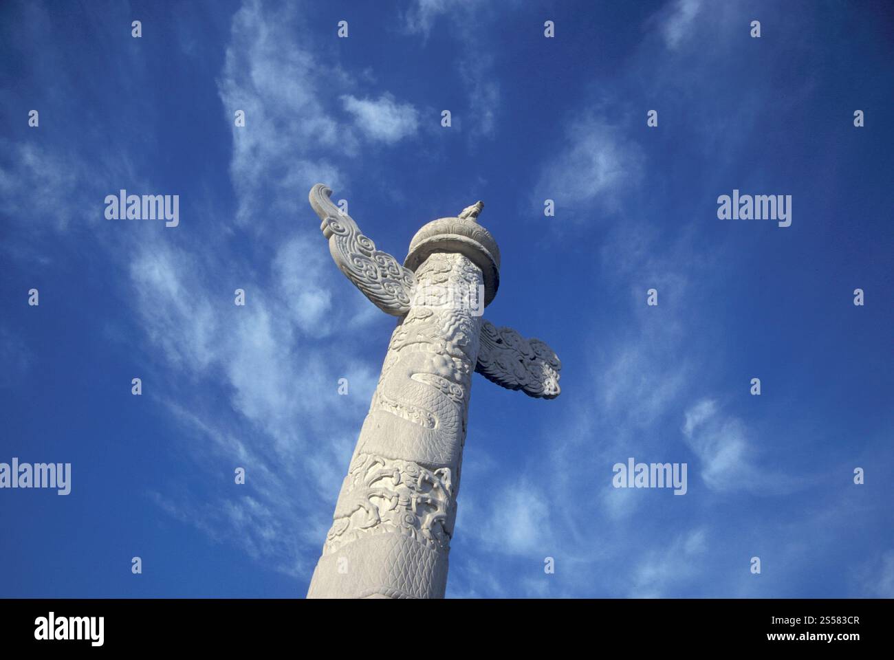 Una colonna di pietra nell'edificio anteriore e l'entrata della città Proibita e del Palazzo Imperiale in Piazza Tiananmen a Pechino in Cina. Cina, Foto Stock