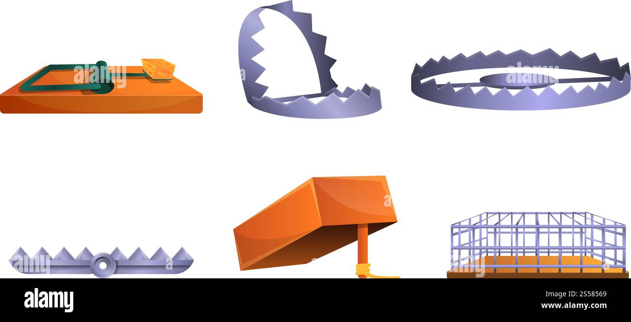 Set di icone trap. Set di cartoni animati di icone vettoriali trap per la progettazione Web. Set di icone trappola, stile cartone animato Illustrazione Vettoriale
