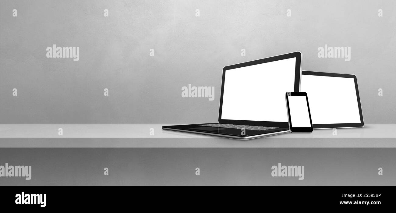 Laptop, telefono cellulare e tablet pc digitale su mensola grigia a parete. Sfondo banner. Illustrazione 3D. Laptop, telefono cellulare e tablet pc digitale in grigio Foto Stock
