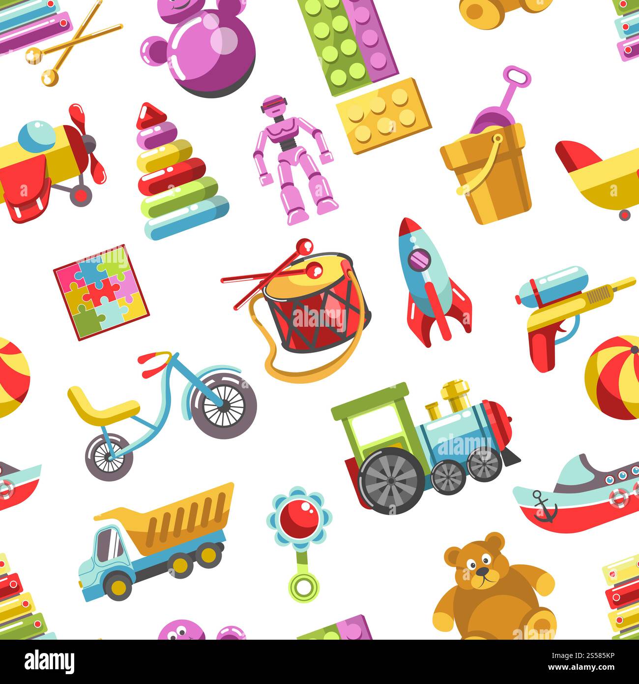 Icone vettoriali dei giocattoli per bambini motivo senza cuciture. Giochi per bambini per bambine e ragazzi dell'asilo. Orsacchiotto piatto, piramide e bicicletta, razzo, palla e treno. Icone vettoriali dei giocattoli per bambini motivo senza cuciture. Set di giochi per bambini Illustrazione Vettoriale