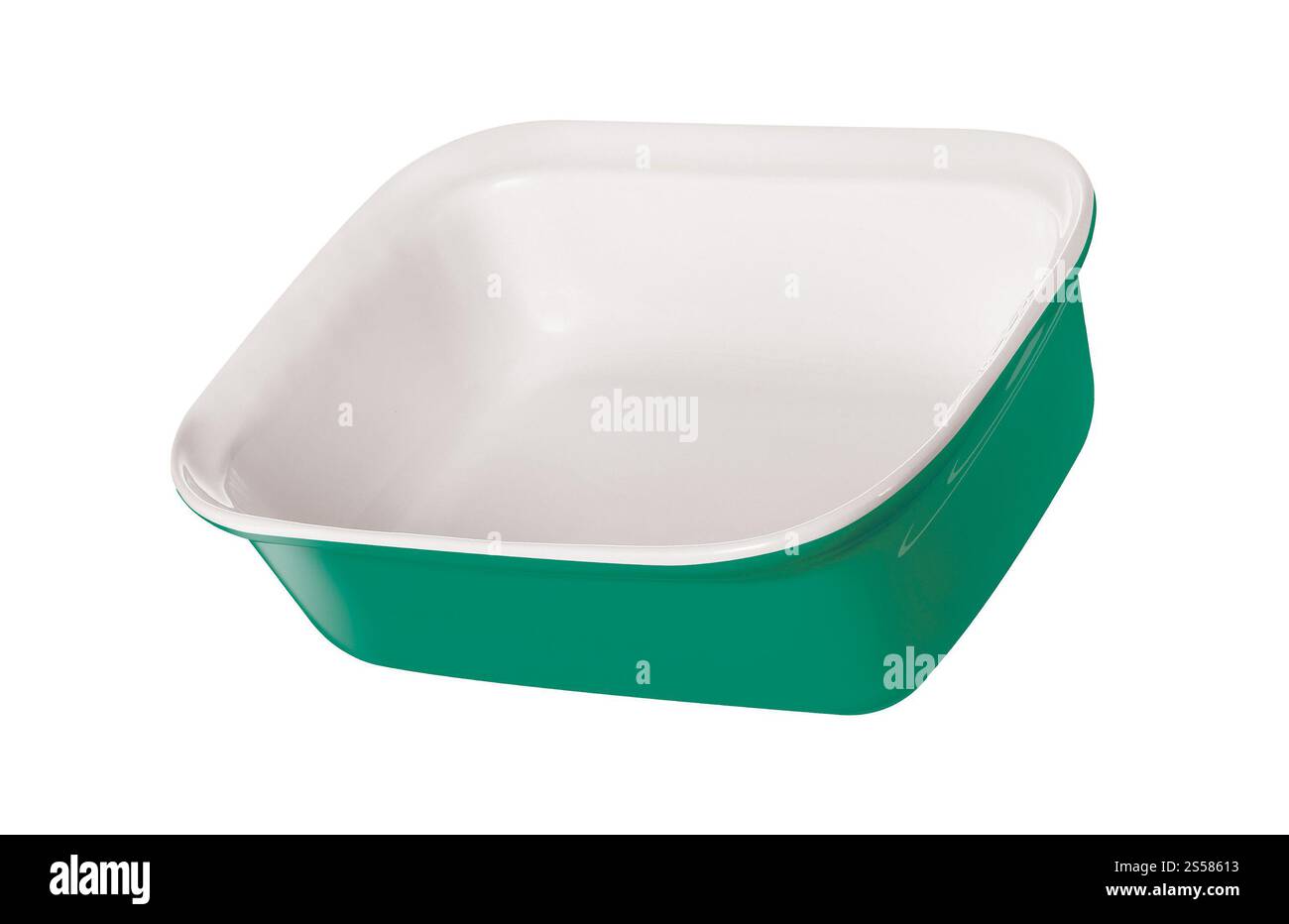 Piastra per alimenti rettangolare in acciaio inox su sfondo bianco Foto Stock