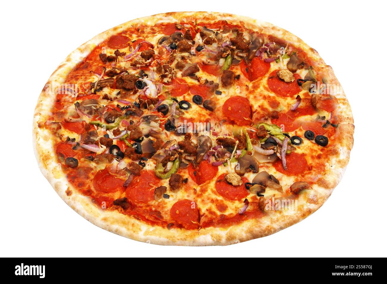 Una deliziosa pizza italiana su bianco Foto Stock
