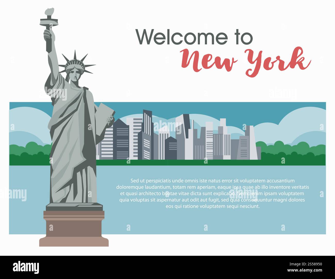 Benvenuti al poster di New York per i famosi luoghi di interesse e attrazioni turistiche di viaggio negli Stati Uniti, la Statua della libertà e lo skyline di Central Park City. Banner vettoriale. Benvenuti nel poster di New York per i famosi luoghi di interesse di Travel of America negli Stati Uniti Illustrazione Vettoriale