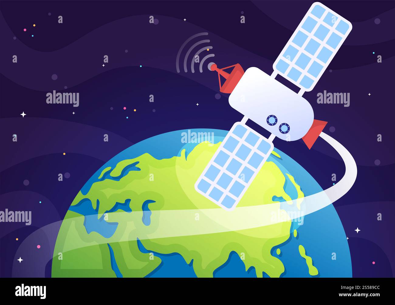 Satelliti artificiali che orbitano attorno al pianeta Terra con tecnologia wireless rete Internet globale 5G comunicazione satellitare su sfondo piatto Foto Stock