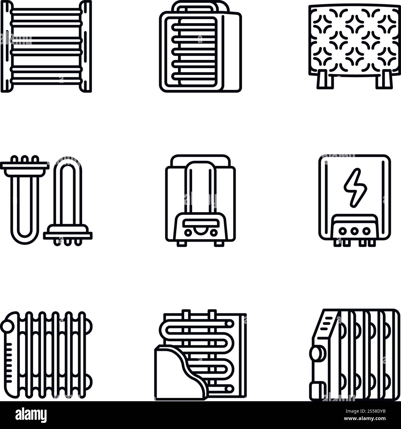 Set icone riscaldatore. Contorno di 9 icone vettoriali del riscaldatore per la progettazione Web isolate su sfondo bianco. Set icone riscaldatore, stile contorno Illustrazione Vettoriale