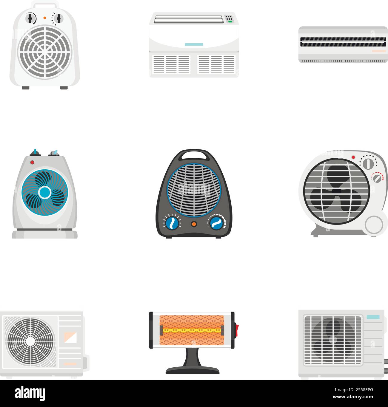 Set icone riscaldatore. Set piatto di 9 icone vettoriali del riscaldatore per il design Web isolate su sfondo bianco. Set icone riscaldatore, stile piatto Illustrazione Vettoriale