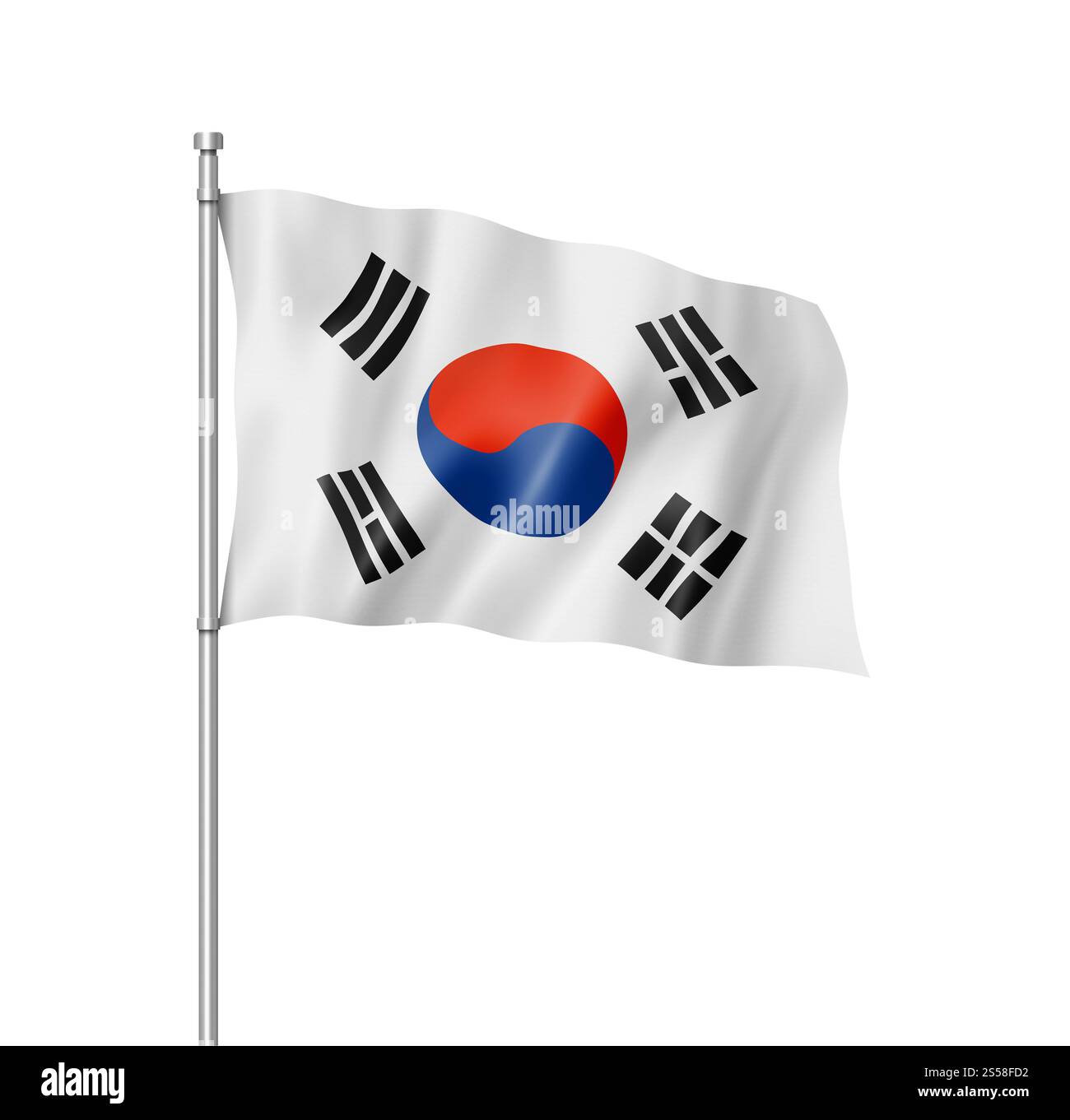 Bandiera della Corea del Sud, resa tridimensionale, isolata sul bianco. Bandiera sudcoreana isolata sul bianco Foto Stock