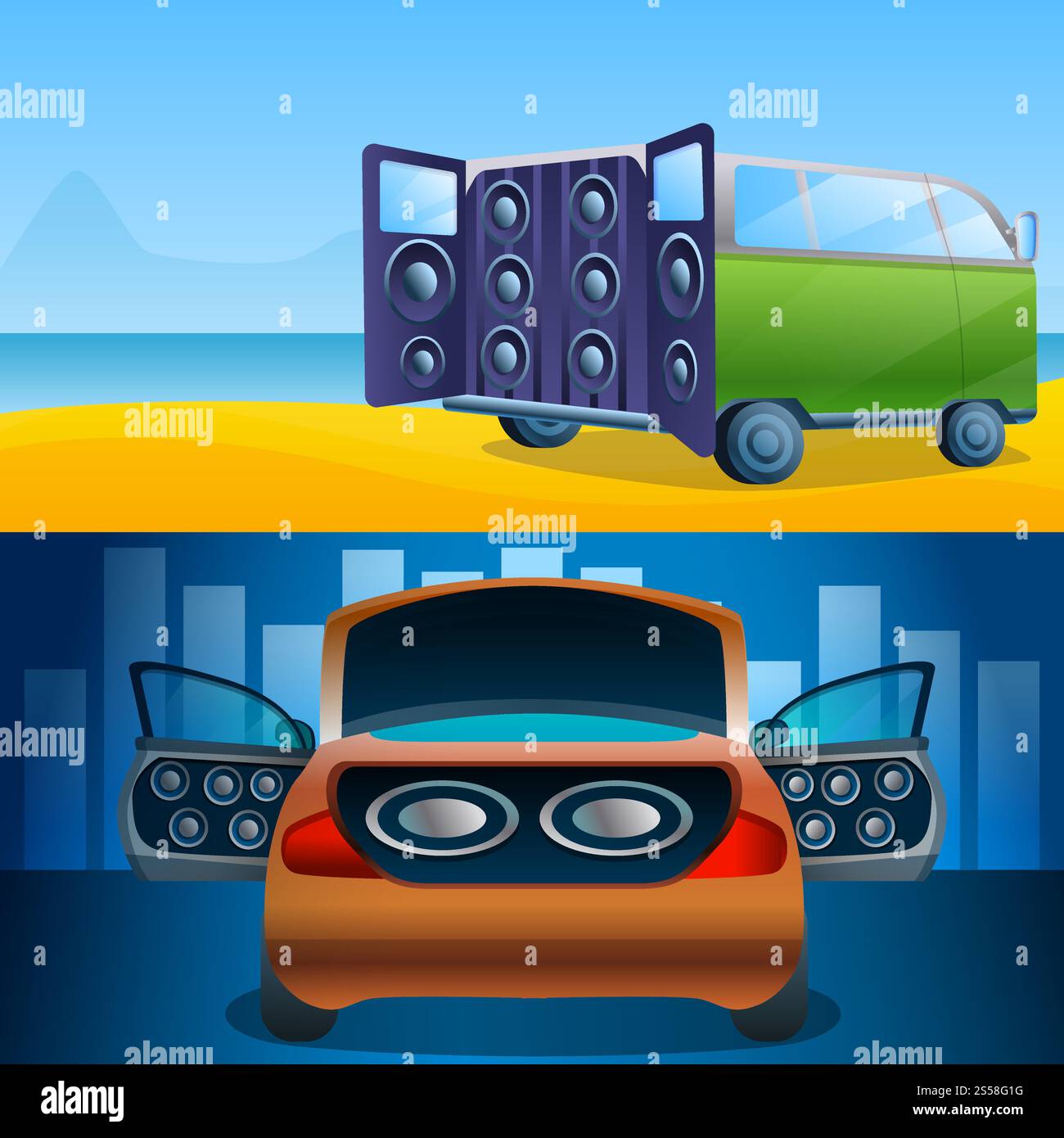 Set banner audio per auto. Illustrazione a cartoni animati del set di banner vettoriali audio per auto per il web design. Set di banner audio per auto, stile cartone animato Illustrazione Vettoriale