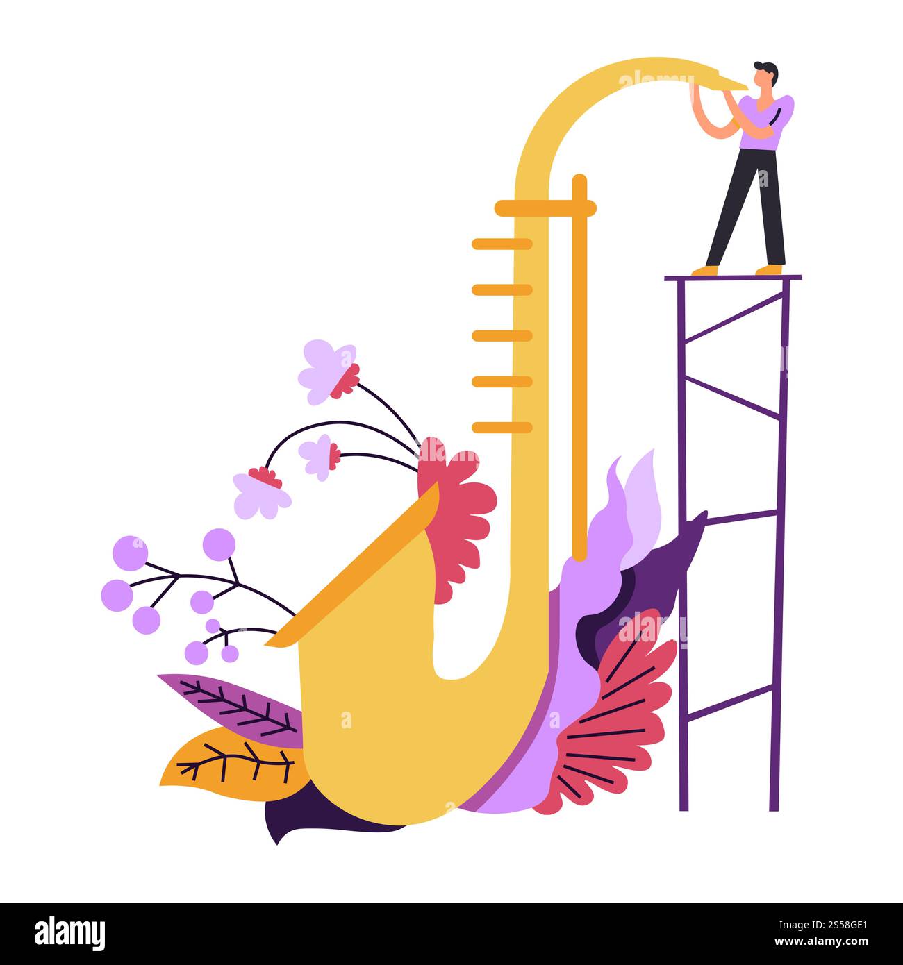 Concerto musicale di un uomo che suona jazz su tube Vector. Musicista in piedi sulla scala e soffiando con una grande tromba, esibizione di persona. Artista maschile che intrattiene persone, fiori e decorazioni di fogliame. Concerto musicale di un uomo che suona jazz in tube Illustrazione Vettoriale
