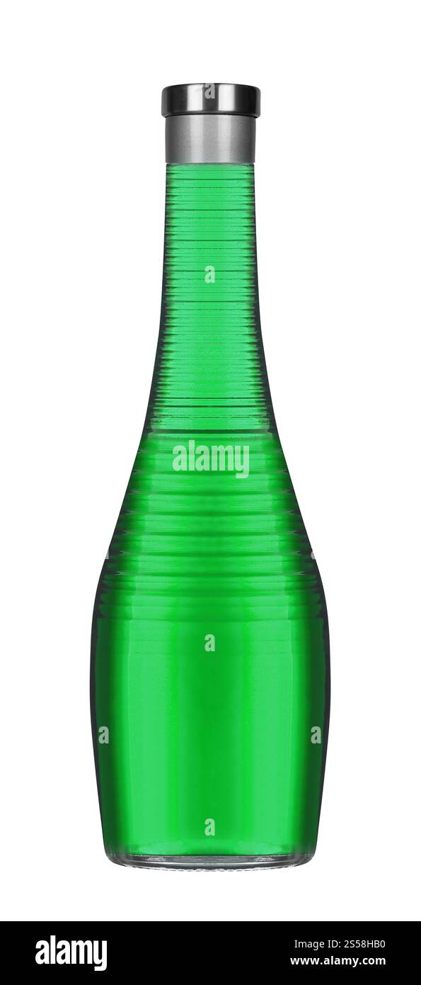flacone in vetro viola isolato su sfondo bianco. Flacone in vetro verde isolato su sfondo bianco Foto Stock